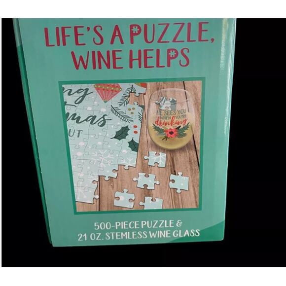 New! CHRISTMAS Life's A Puzzle, Wine Helps - Stemless Wine Glass & Puzzle Set - Picture 5 of 8